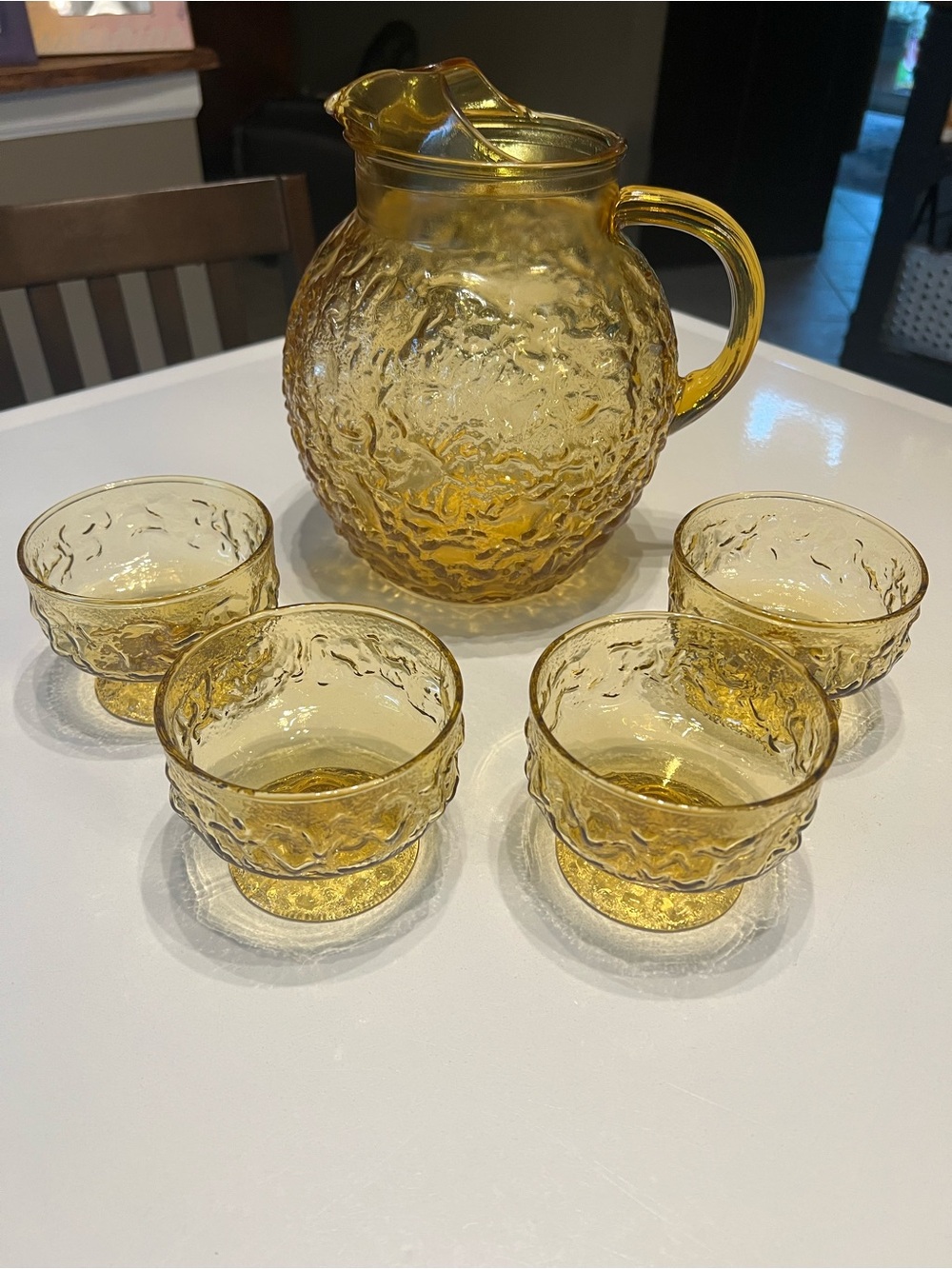 Vintage Anchor Hocking Lido Milano Amber Glass Pitcher and 4 Dessert Cups